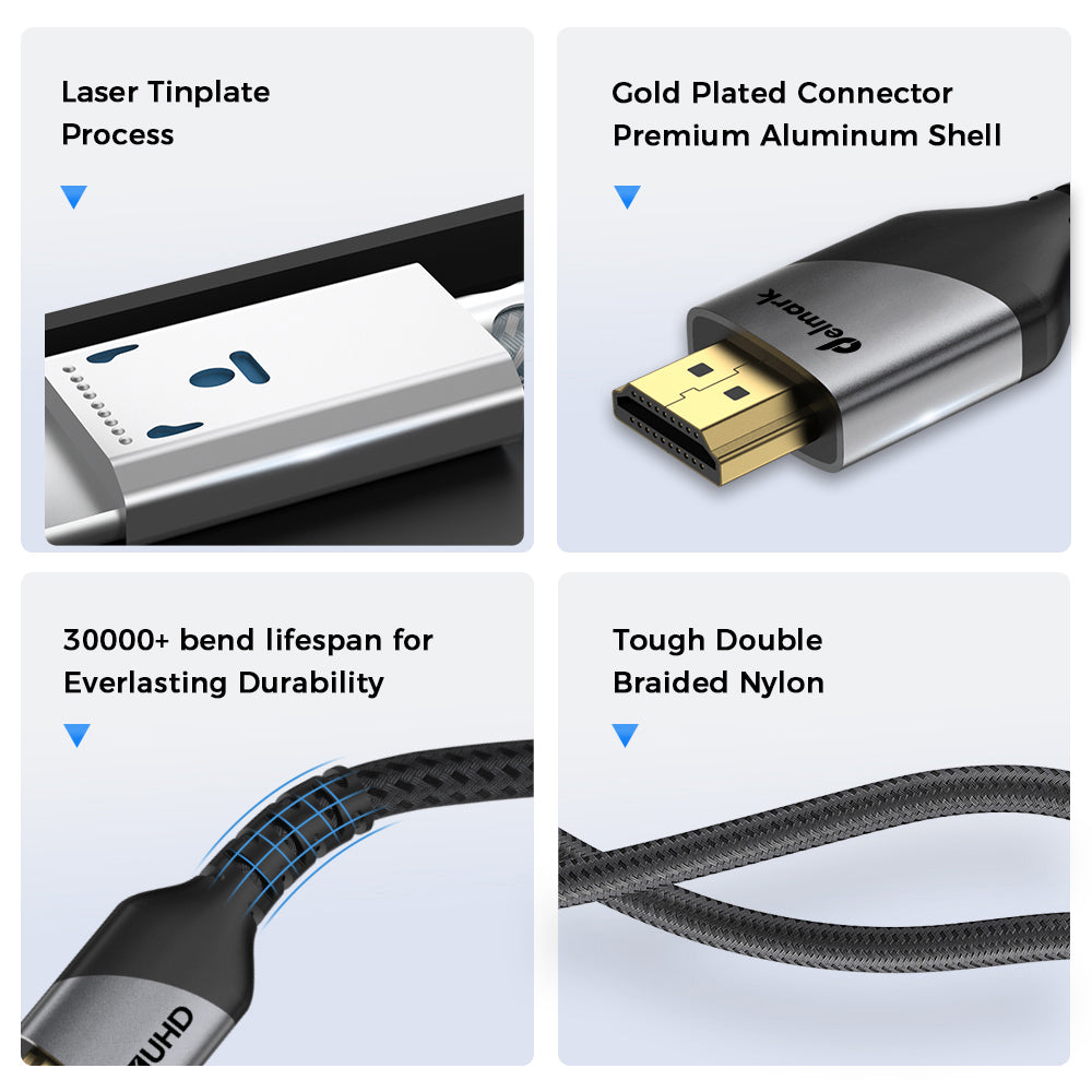 Delmark HDMI 2.1 kabel - 8K60Hz 4K120Hz - Vergulde connectoren - Nylon gevlochten - Grijs