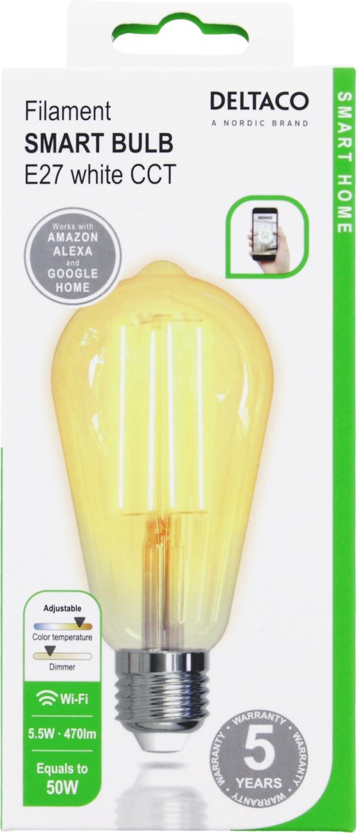 DELTACO SMART HOME SH-LFE27ST64 Slimme Filamentlamp - E27 - 5.5W - ST64 - Ø 64 mm - Wit