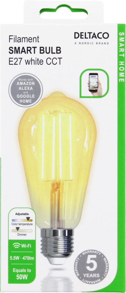 DELTACO SMART HOME SH-LFE27ST64 Slimme Filamentlamp - E27 - 5.5W - ST64 - Ø 64 mm - Wit
