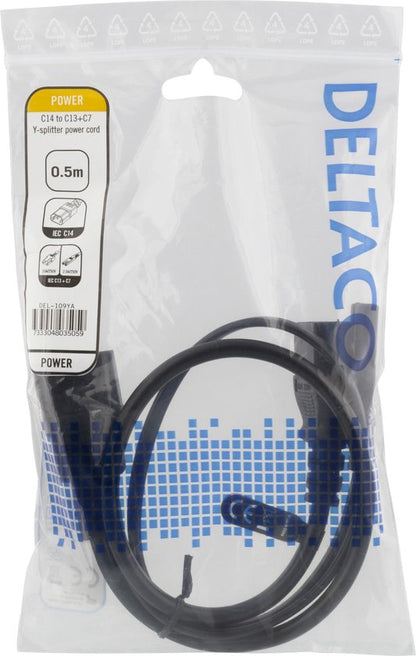 DELTACO DEL-109YA Y-splitter netsnoer C14 naar C13 + C7 - 50 cm - zwart