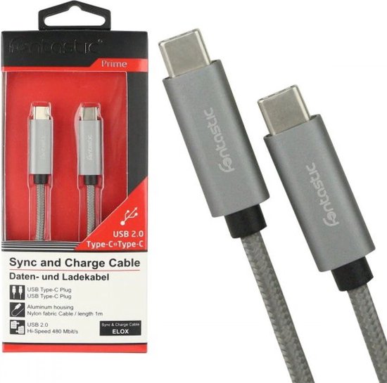 Fontastic 251221 Oplaadkabel-Datakabel, USB Type C Male naar USB Type C Male - 1 meter - Zilver