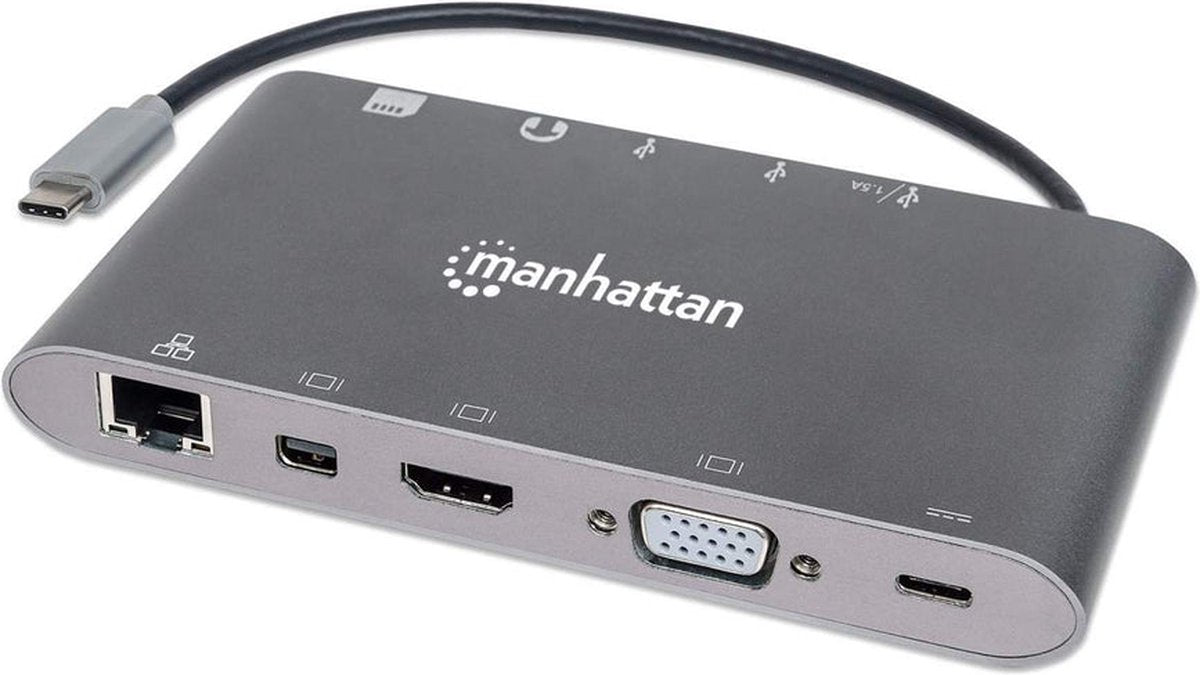 Manhattan USB-C 7-in-1 Docking Station – HDMI, Mini-DP, VGA, Ethernet, PD 60W