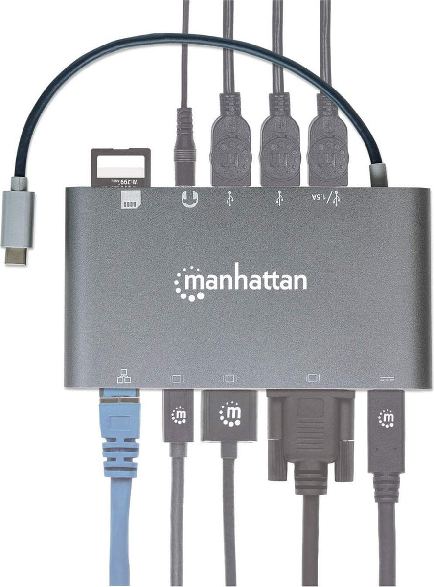 Manhattan USB-C 7-in-1 Docking Station – HDMI, Mini-DP, VGA, Ethernet, PD 60W