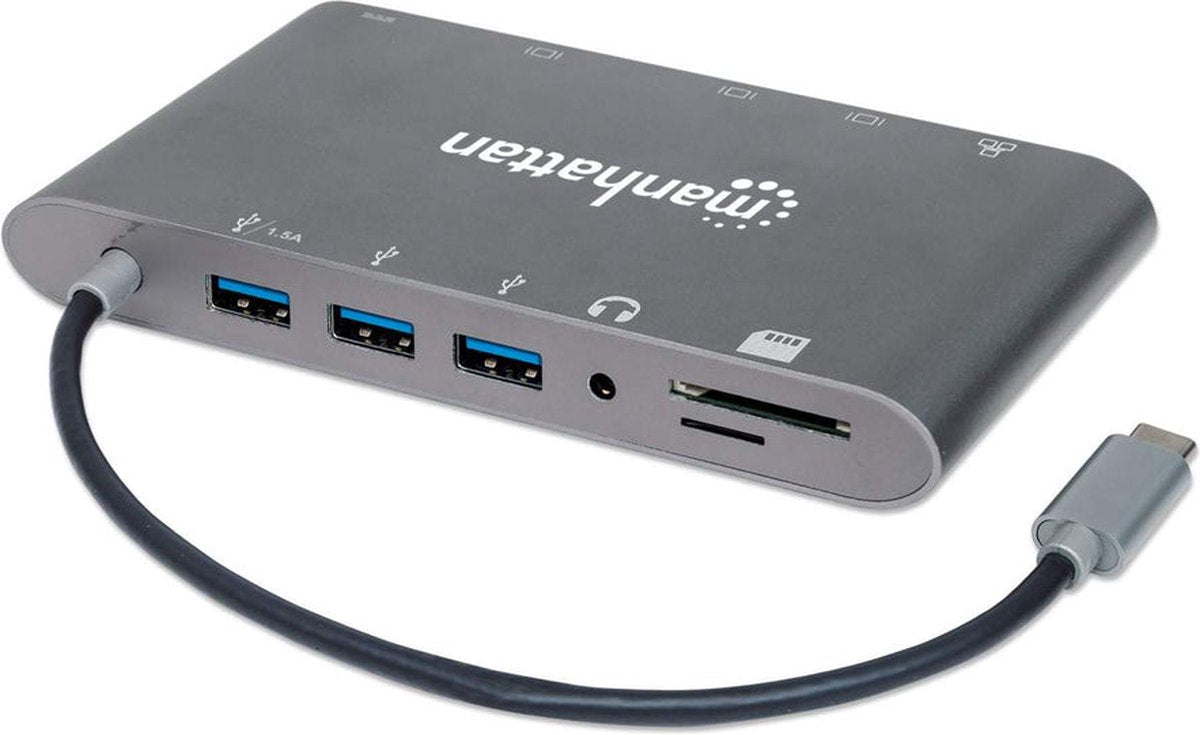 Manhattan USB-C 7-in-1 Docking Station – HDMI, Mini-DP, VGA, Ethernet, PD 60W