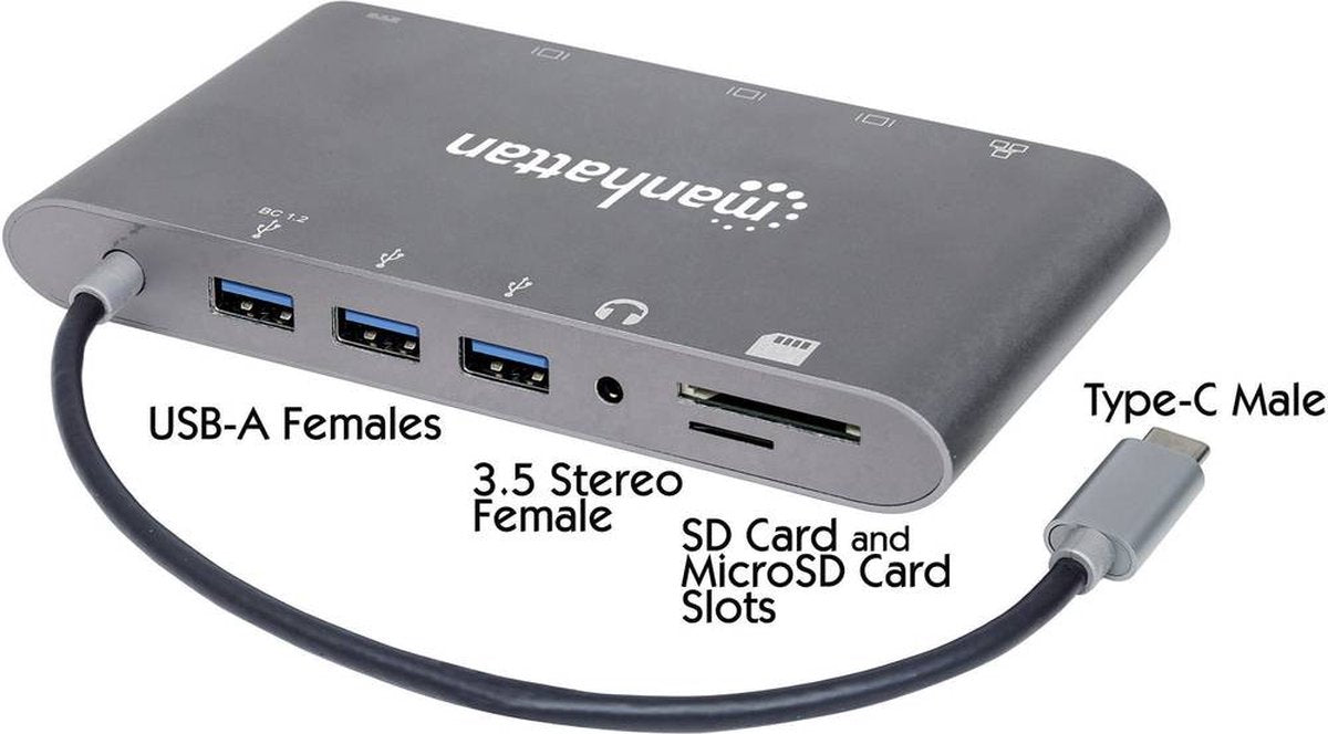 Manhattan USB-C 7-in-1 Docking Station – HDMI, Mini-DP, VGA, Ethernet, PD 60W