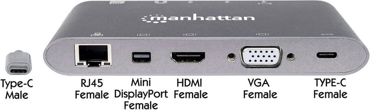 Manhattan USB-C 7-in-1 Docking Station – HDMI, Mini-DP, VGA, Ethernet, PD 60W