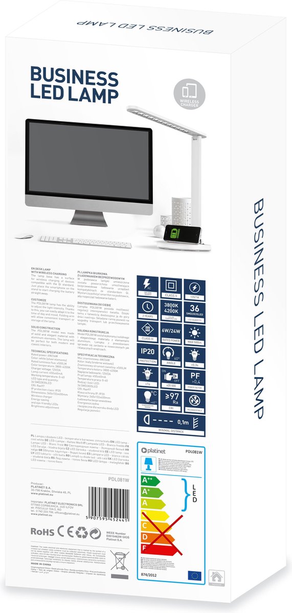 Platinet PDL081W LED Bureaulamp 18W met ingebouwde draadloze oplader (QI) voor smartphones, AirPods etc. wit