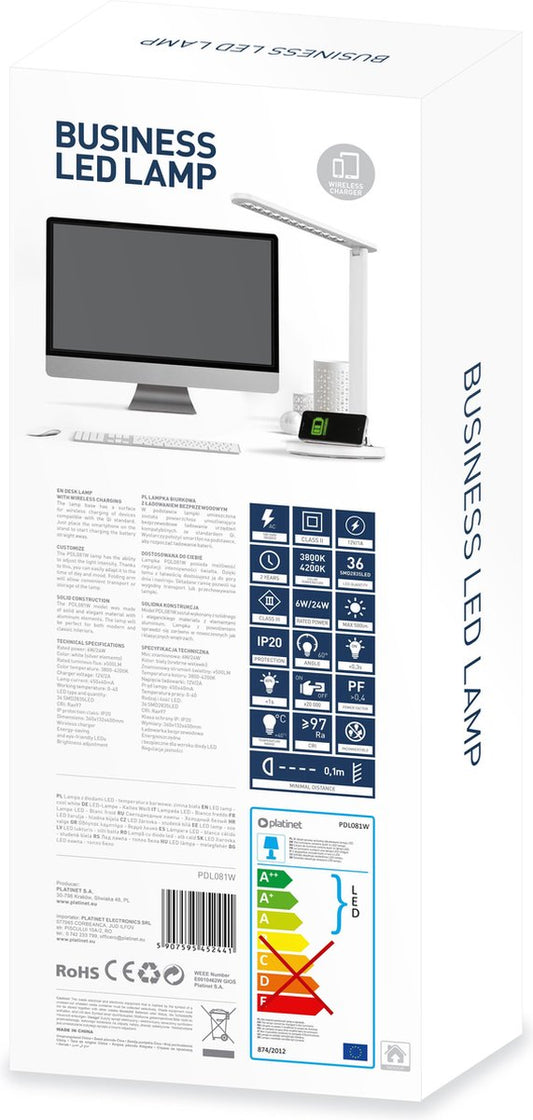 Platinet PDL081W LED Bureaulamp 18W met ingebouwde draadloze oplader (QI) voor smartphones, AirPods etc. wit