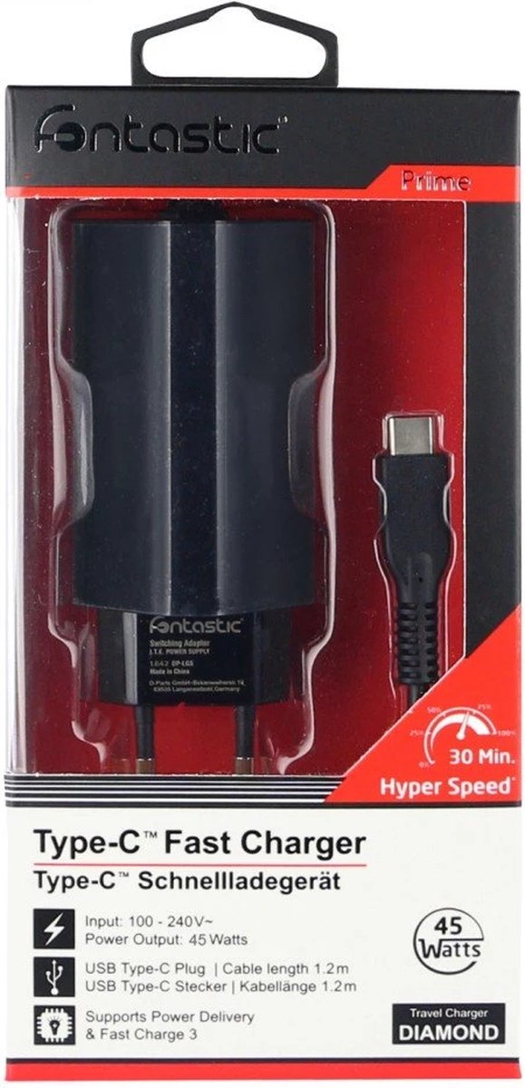 Fontastic 253249 AC Oplader - snellader 3 - USB-C - 45W - Zwart