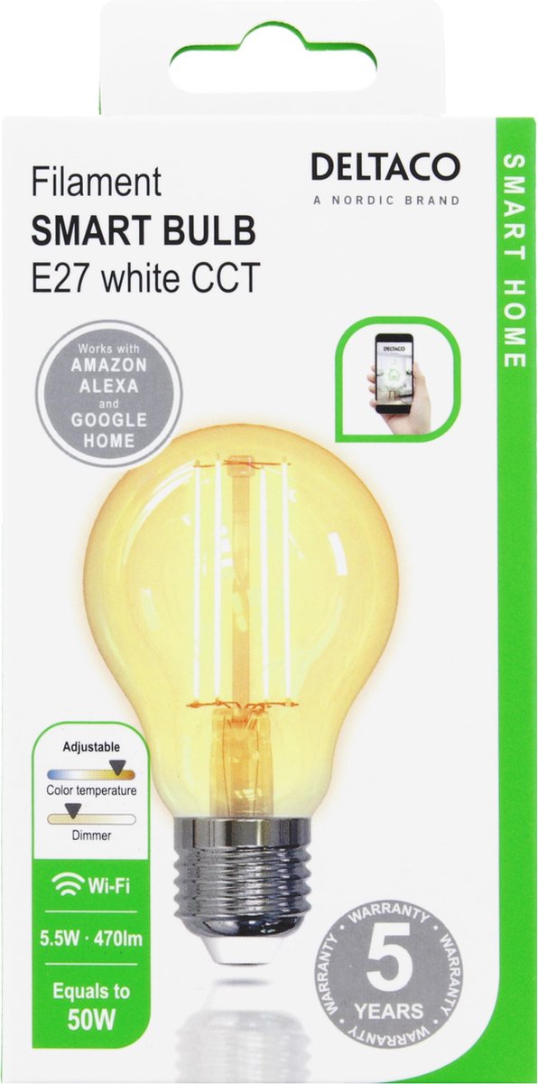 DELTACO SMART HOME SH-LFE27A60 Smart Filament Bulb - E27 -5.5W - A60 - Ø 125 mm - White