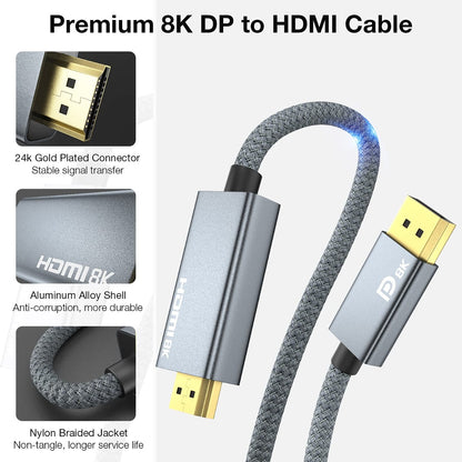 NÖRDIC DPHM-200 - 2m Displayport to HDMI 2.1 cable - 8K60Hz / 4K120/144Hz - Dynamic HDR - 32.4Gbps Dolby ATMOS