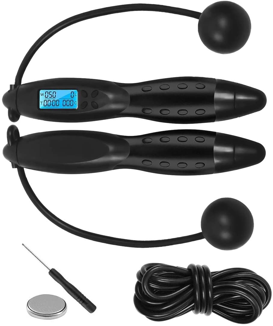 FDW AS8111 Adjustable Digital Skipping Rope with Jump and Calorie Counter - With Timer - Black
