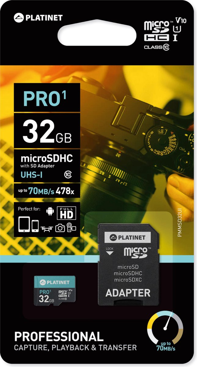 PLATINET PMMSD32UI microSDHC Geheugenkaart SECURE DIGITAL + SD ADAPTER USB Geheugenstick 32GB class10 U1 70MB/s