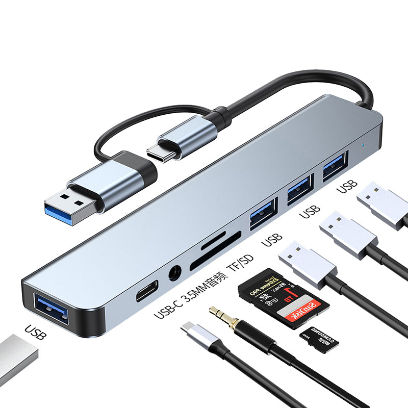 NÖRDIC USBC-HUB11 USB-C Hub - 4x USB, 1xUSB-C 3.1, 1xSD, 1xmicroSD, 1x 3,5mm jack - Grijs