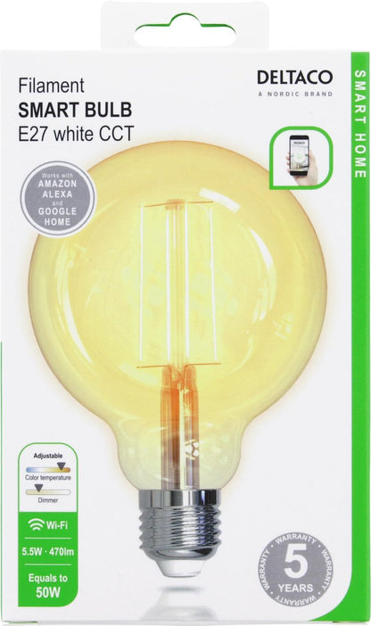DELTACO SMART HOME SH-LFE27G95 Slimme Filamentlamp - E27 - 5.5W - G95 - Ø 64 mm - Wit