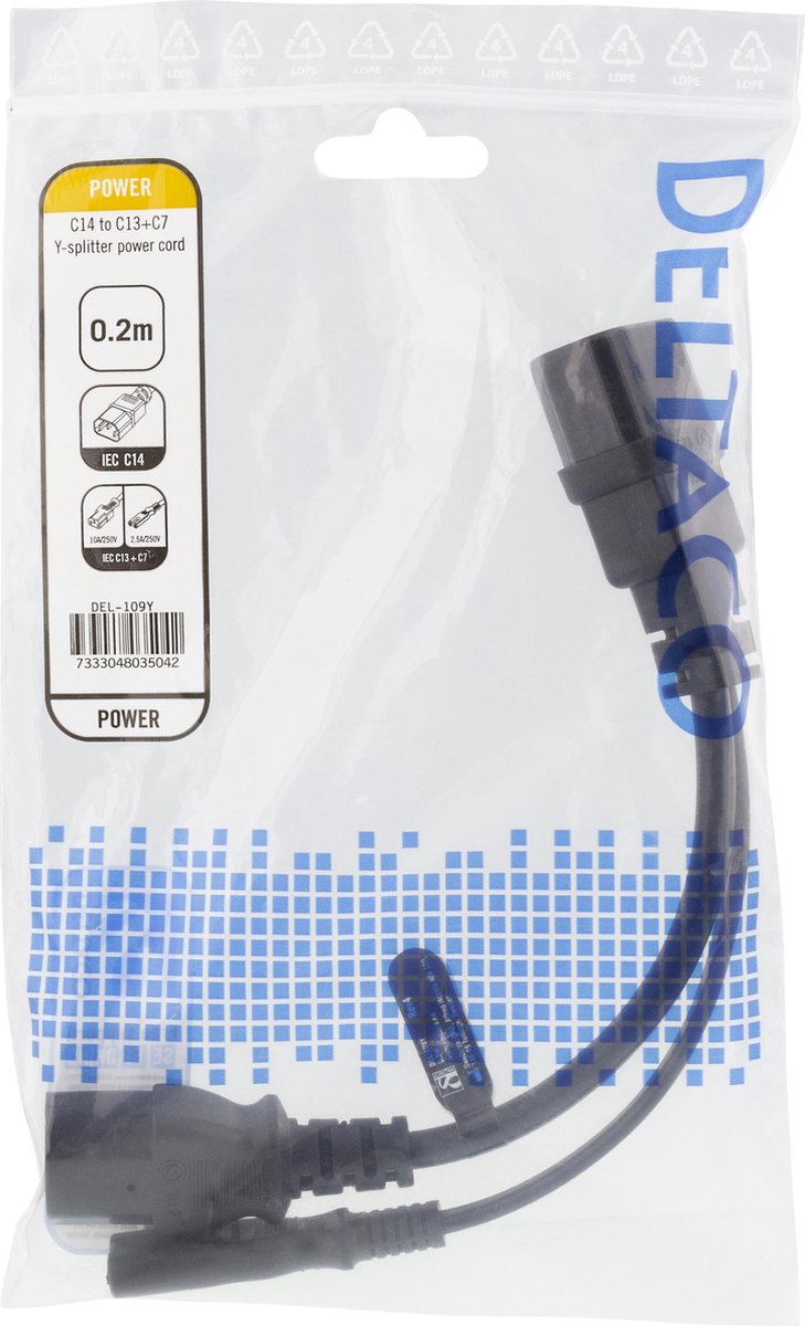 DELTACO DEL-109Y Y-splitter netsnoer C14 naar C13 + C7 - 20 cm - zwart