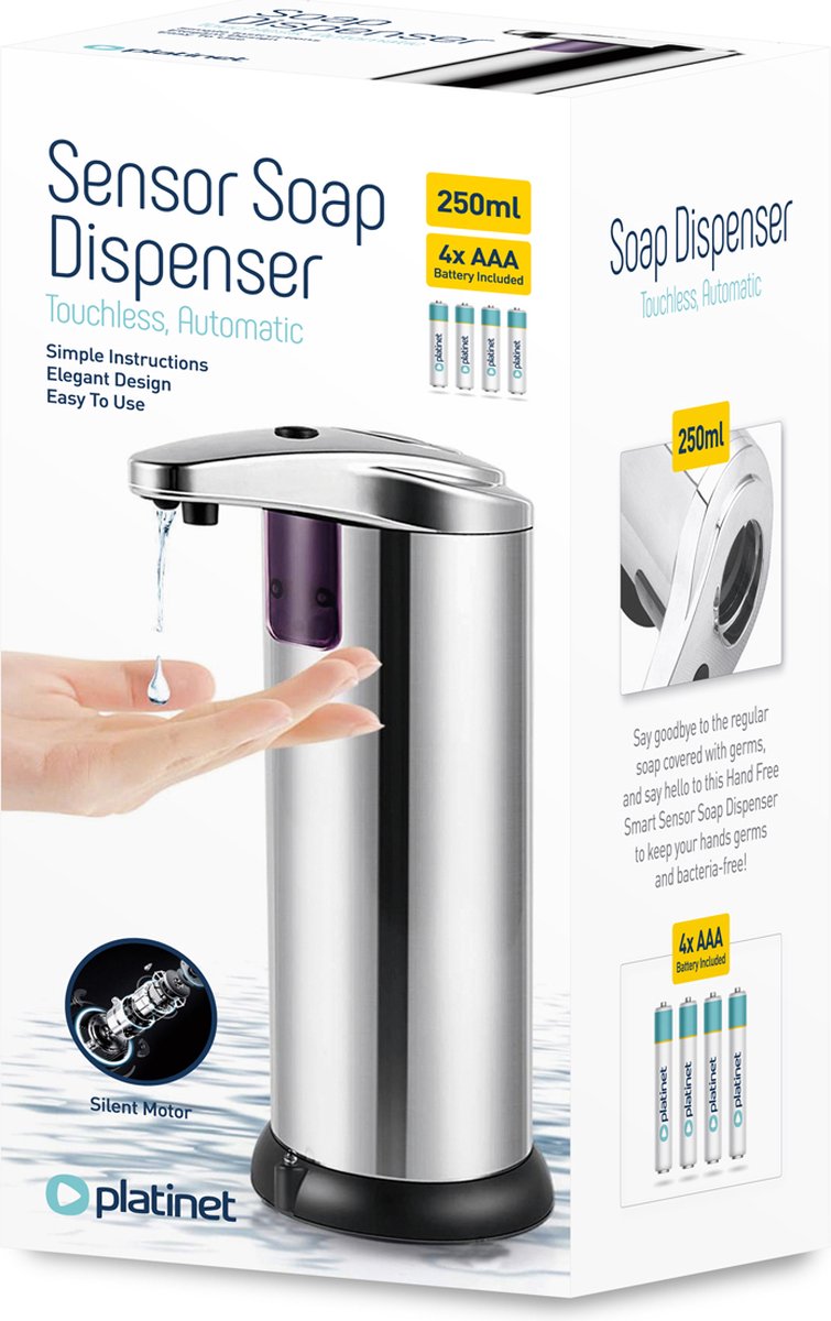 Platinet PHS250 Automatische RVS Zeepdispenser - No Touch Zeep Dispenser met Sensor - 250ml inhoud - Ook geschikt voor desinfecterende vloeistoffen - RVS-Zilver