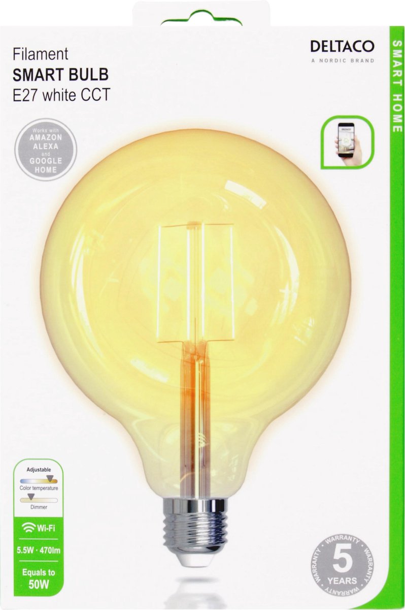 DELTACO SMART HOME SH-LFE27G125 Smart Filament Bulb - E27 - 5.5W - A60 - Ø 60 mm - White