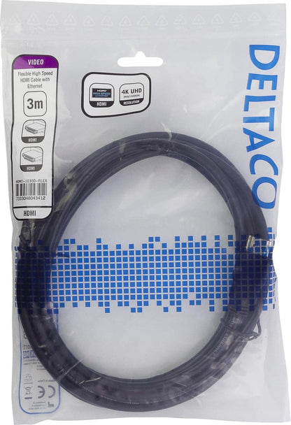 DELTACO HDMI-1030D-FLEX Flexibele HDMI-kabel, High Speed HDMI met Ethernet 4K, UltraHD bij 60 Hz, 3 m, Zwart