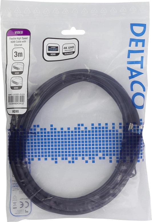 DELTACO HDMI-1030D-FLEX Flexibele HDMI-kabel, High Speed HDMI met Ethernet 4K, UltraHD bij 60 Hz, 3 m, Zwart