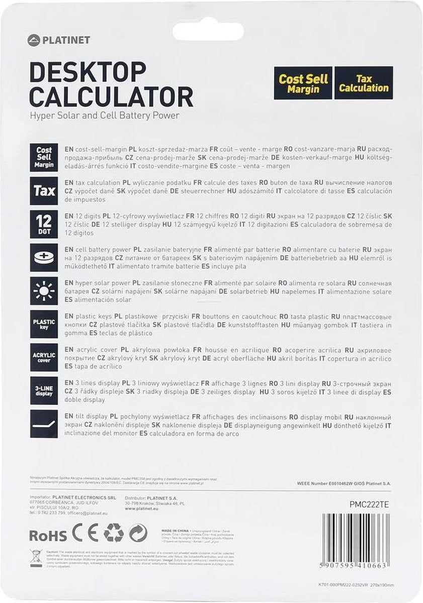Platinet PMC222TE Desktop Calculator - Calculator 12 digits max. 3 lines, tax function and solar energy