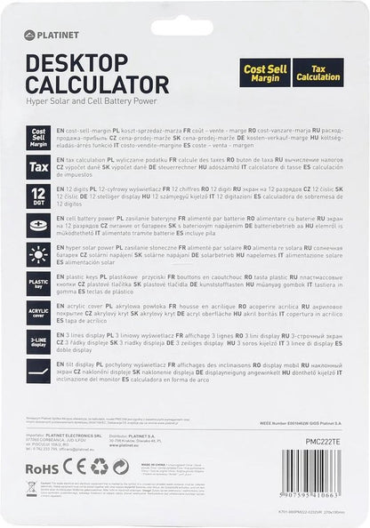 Platinet PMC222TE Desktop Calculator - Calculator 12 digits max. 3 lines, tax function and solar energy