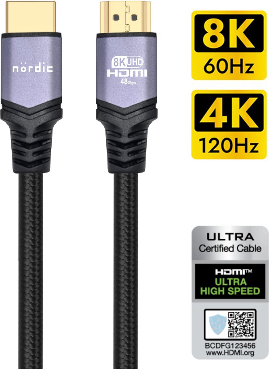 NÖRDIC HDMI-N1023A Ultra high speed HDMI Cable - HDMI 2.1 - 8K 60Hz, 4K 120Hz - 48Gbps - Dynamic HDR, eARC, VRR - Braided nylon wire - 1m - Space gray