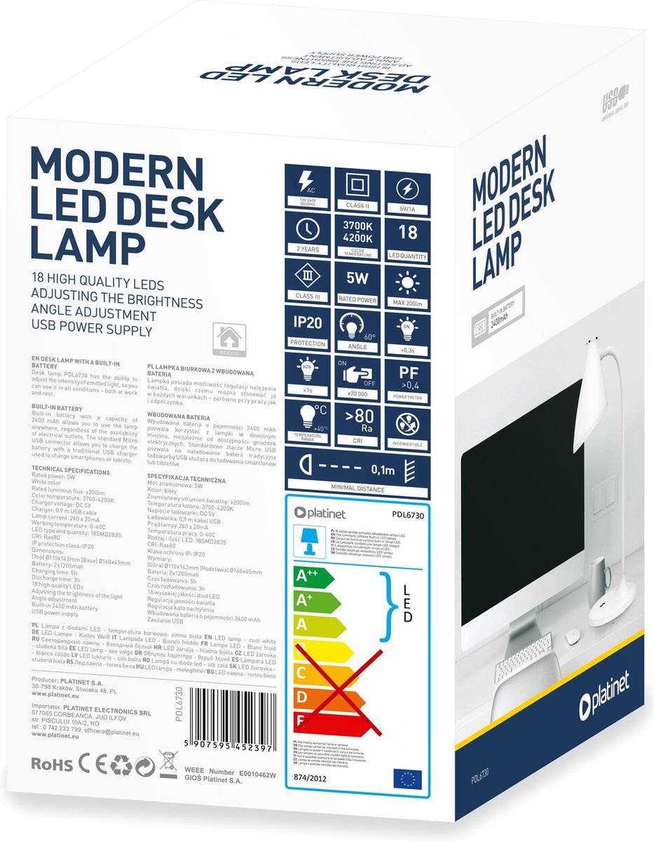 Platinet PDL6730 LED bureaulamp / nachtlamp 3.6W klassiek design met ingebouwde oplaadbare batterij wit