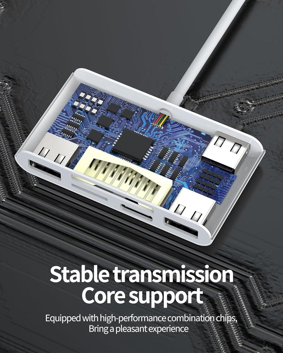 NÖRDIC Lightning Kaartlezer - 2x SD Slot, Micro-SD + 3x USB-A + Lightning Oplaadpoort – Geschikt voor telefoon, tablet en PC