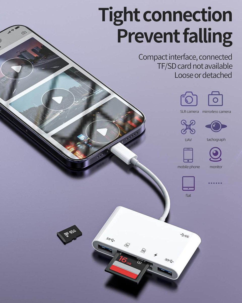 NÖRDIC Lightning Kaartlezer - 2x SD Slot, Micro-SD + 3x USB-A + Lightning Oplaadpoort – Geschikt voor telefoon, tablet en PC