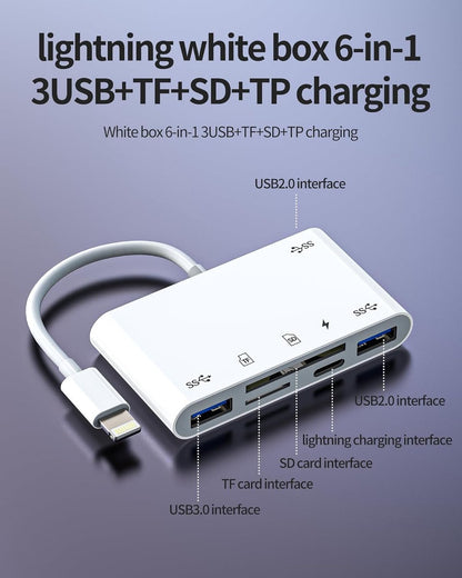 NÖRDIC Lightning Kaartlezer - 2x SD Slot, Micro-SD + 3x USB-A + Lightning Oplaadpoort – Geschikt voor telefoon, tablet en PC