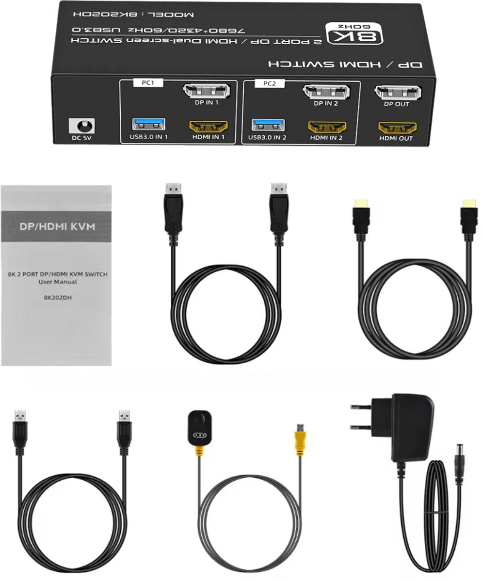 Delmark KVM Switch - DisplayPort & HDMI 2 PC's naar 2 Monitors - 8K60Hz - 4x USB 3.0 Poorten