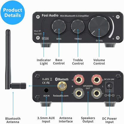 Fosi Audio Verterker - BT 5.0 - Luidspreker - audio versterker - Geschikt voor Laptop, Smartphone , Tablet, PC & mp3 Speler