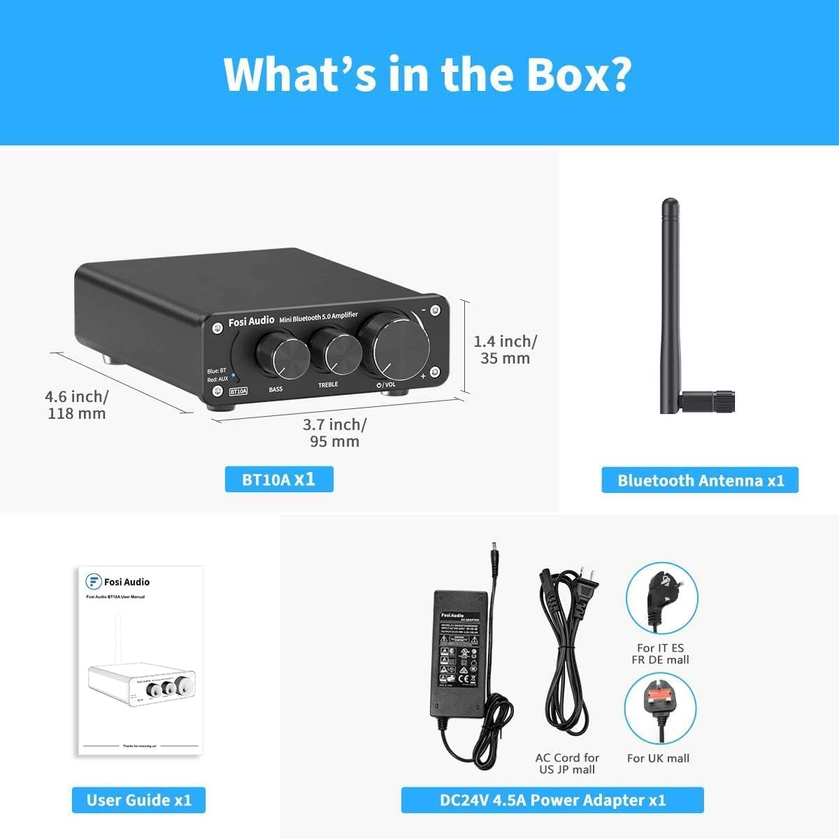 Fosi Audio Verterker - BT 5.0 - Luidspreker - audio versterker - Geschikt voor Laptop, Smartphone , Tablet, PC & mp3 Speler