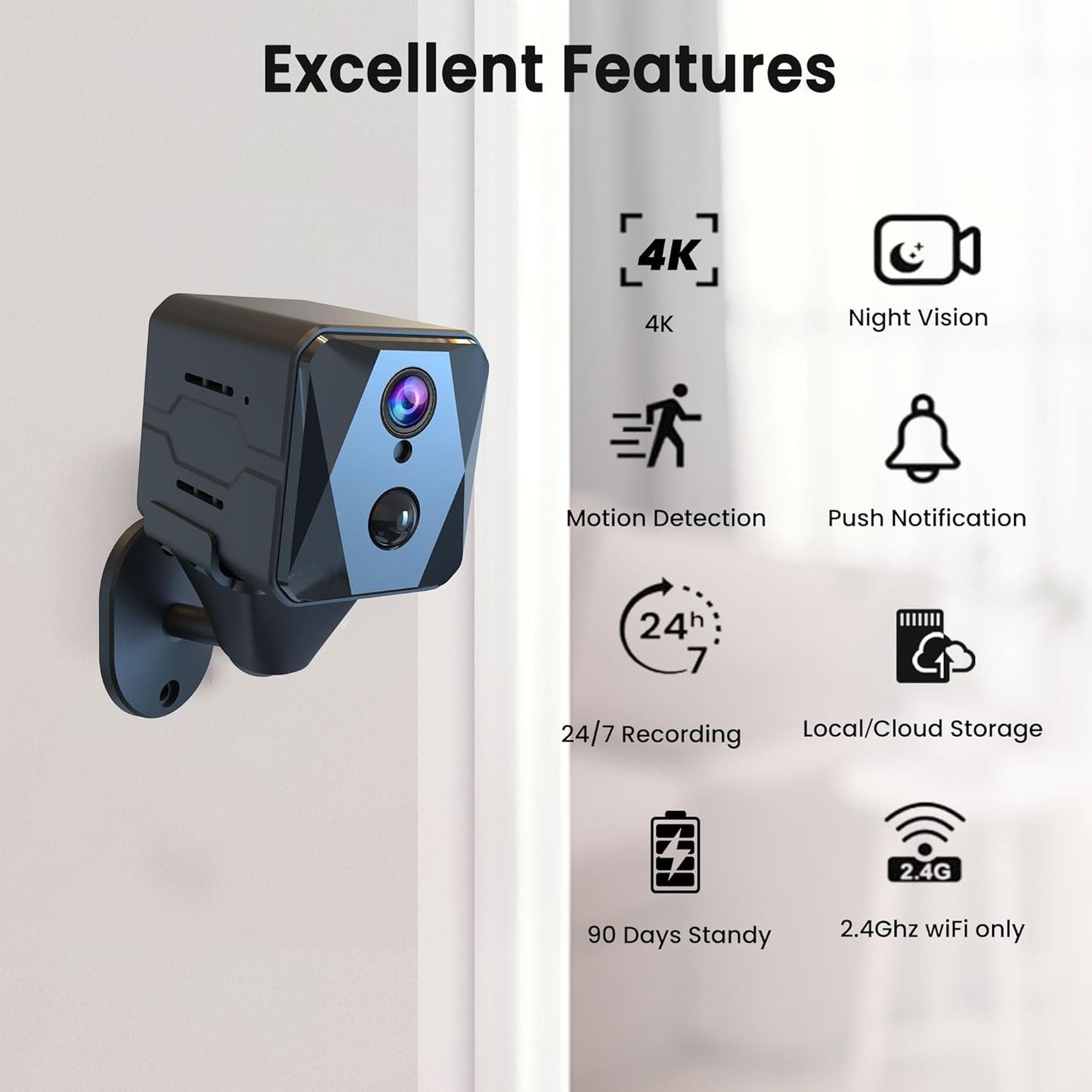 Nördic 4K Ultra HD Mini Beveiligingscamera – 2.4GHz WiFi – 2800 mAh Accu – met App