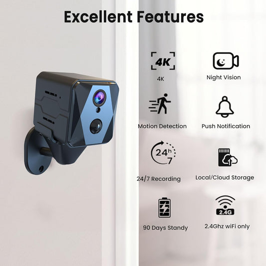 Nördic 4K Ultra HD Mini Überwachungskamera – 2.4GHz WiFi – 2800 mAh Akku – mit App