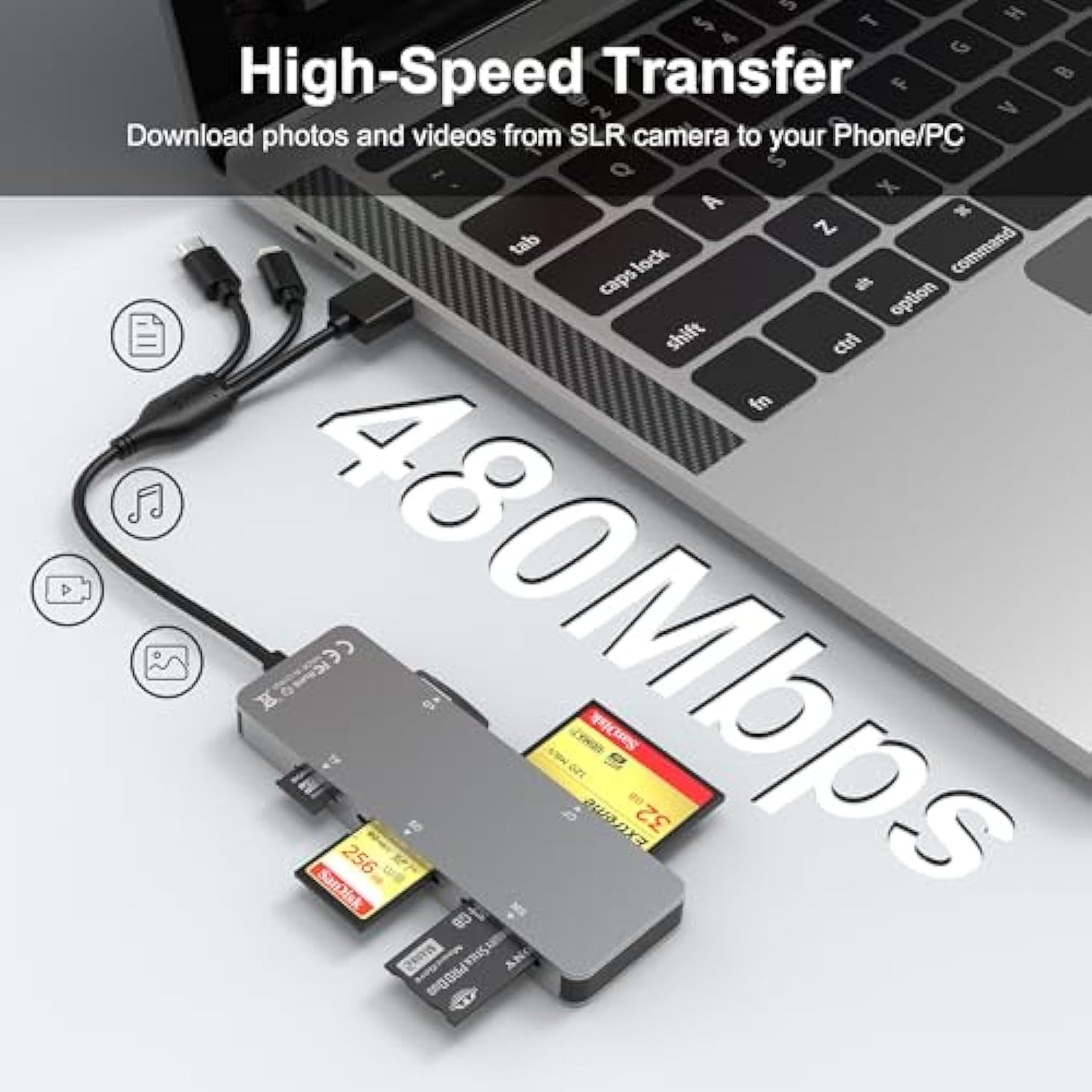 NÖRDIC Card Reader - USB-A, USB-C, Lightning - Card Reader SD Card - Memory Cards - Suitable for Smartphone PC and Tablet