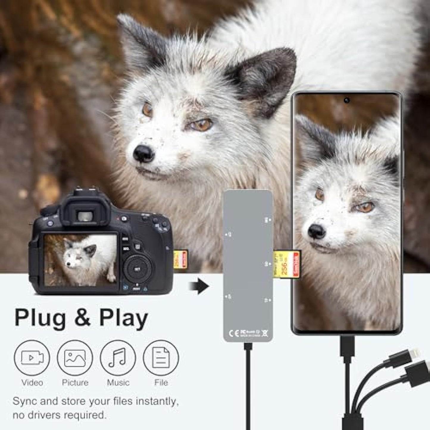 NÖRDIC Card Reader - USB-A, USB-C, Lightning - Card Reader SD Card - Memory Cards - Suitable for Smartphone PC and Tablet