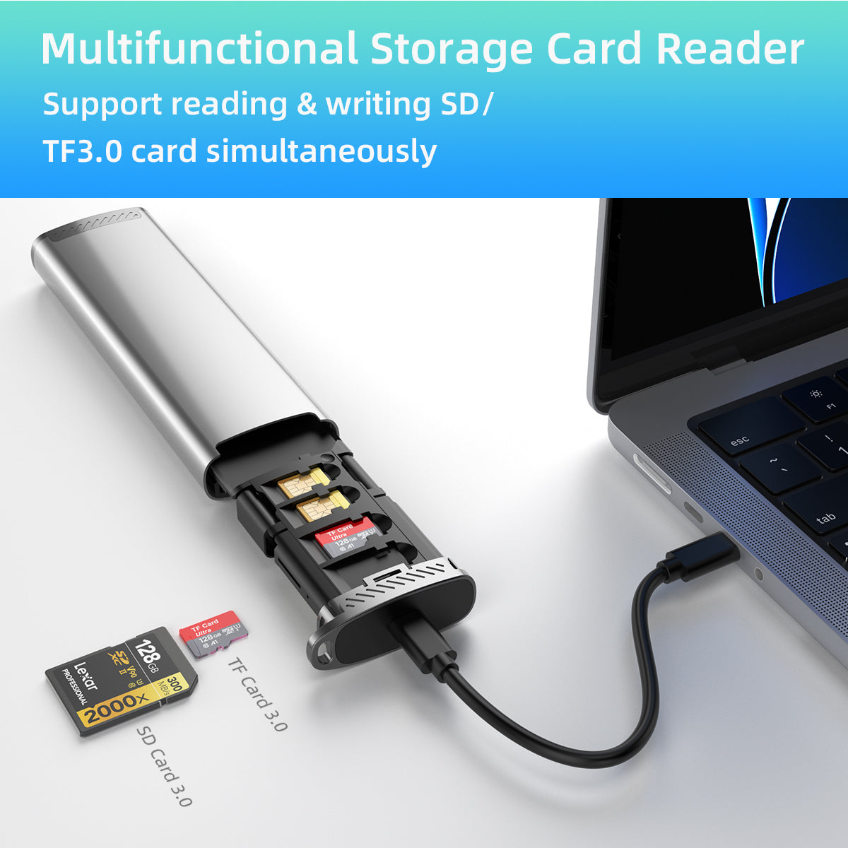 NÖRDIC Memory Card Reader - USB-A, USB-C 3.1, Lightning - SD Card - SIM Card Storage - Suitable for PC &amp; Smartphone