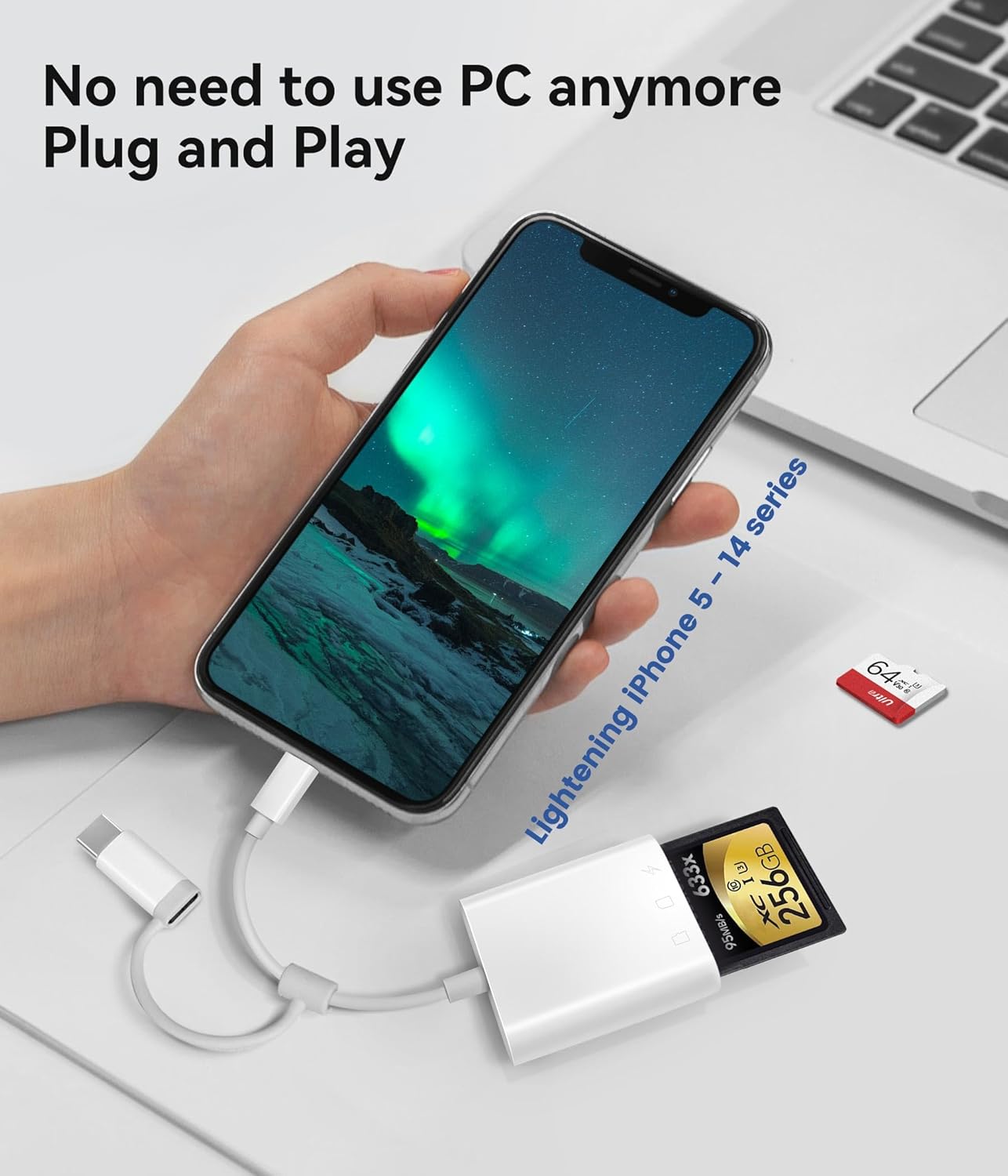 NÖRDIC Lightning Card Reader - SD, MicroSD - 1XUSBA, 1xUSB C - Suitable for Smartphone, Tablet, PC &amp; Laptop