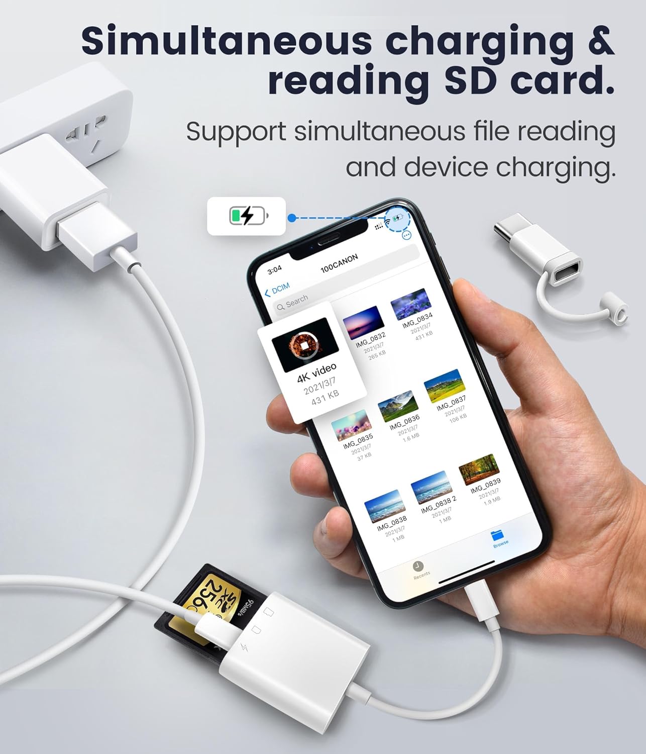 NÖRDIC Lightning Card Reader - SD, MicroSD - 1XUSBA, 1xUSB C - Suitable for Smartphone, Tablet, PC &amp; Laptop