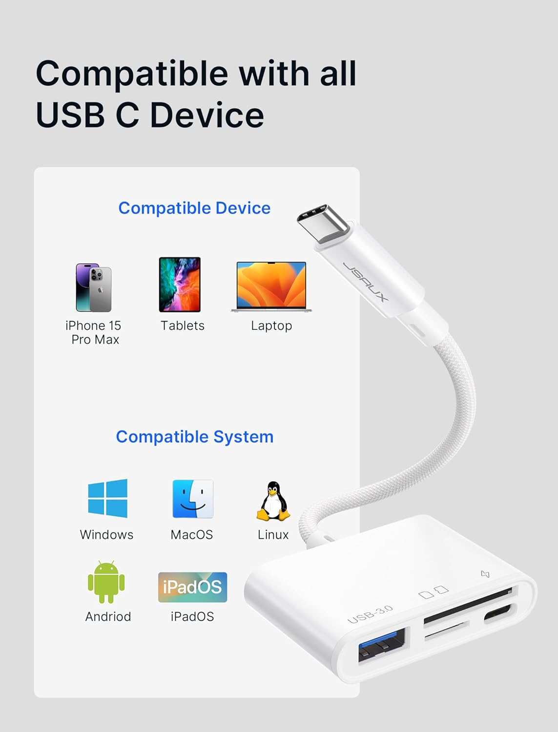 NÖRDIC USB C naar USB A Kaartlezer - SD, MicroSD - Geschikt Laptop, Tablet, Smartphone & PC