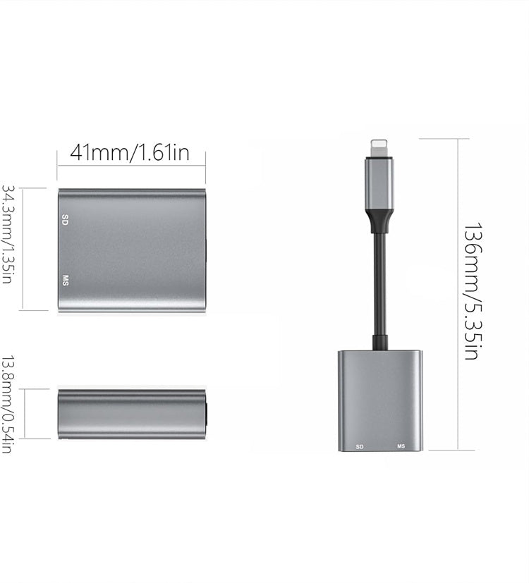 NÖRDIC Lightning Kaartlezer - SD Kaart lezer - MS Kaart lezer - Geschikt voor Smartphone & Tablet - Grijs