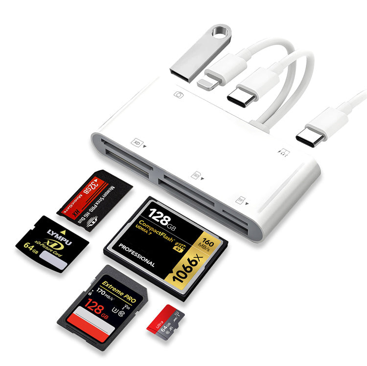 NÖRDIC Lightning Kaartlezer - CF, SD, MicroSD, MS, XD Kaartlezer - USB-C, USB -A - Geschikt voor Smarpthone, Tablet & PC