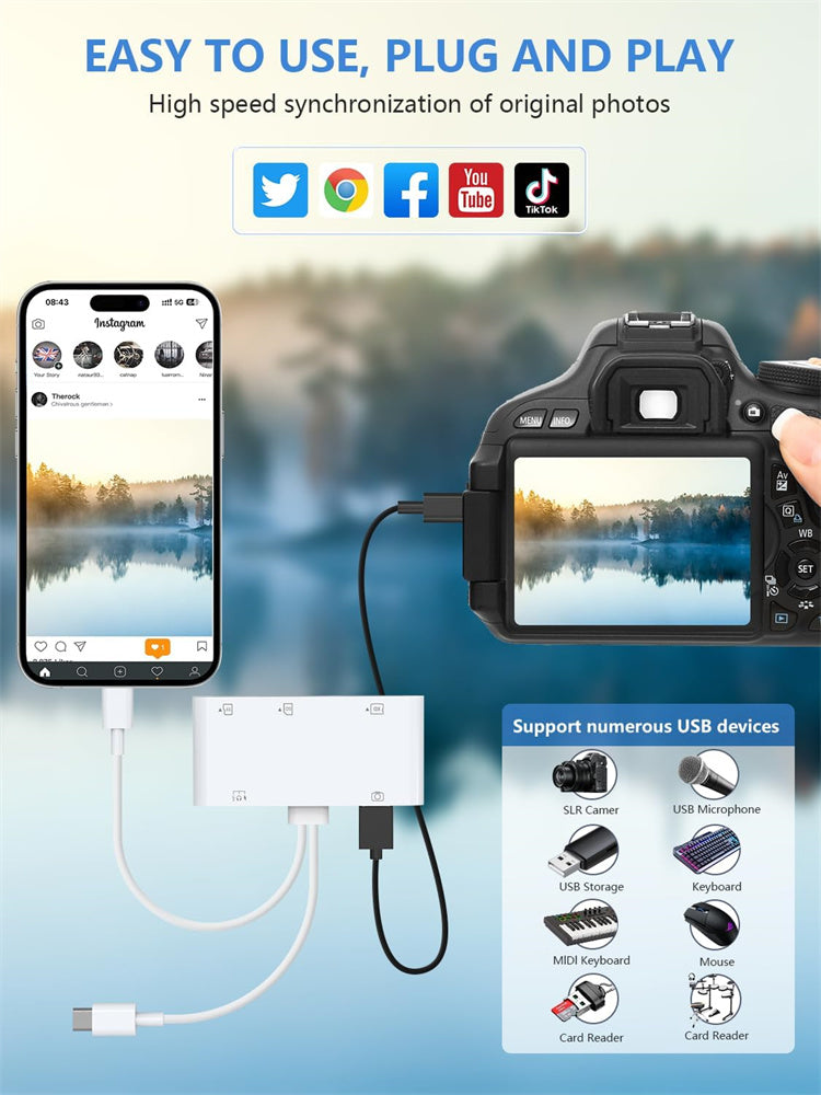 NÖRDIC Lightning Kaartlezer - CF, SD, MicroSD, MS, XD Kaartlezer - USB-C, USB -A - Geschikt voor Smarpthone, Tablet & PC