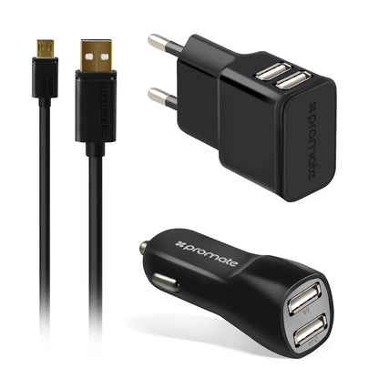 Promate Carkit - Geschikt voor Android Smartphone en Tablet - 3.1A - Autolader USB - Micro USB 1.2m - Adapter - Voor Thuis en Onderweg