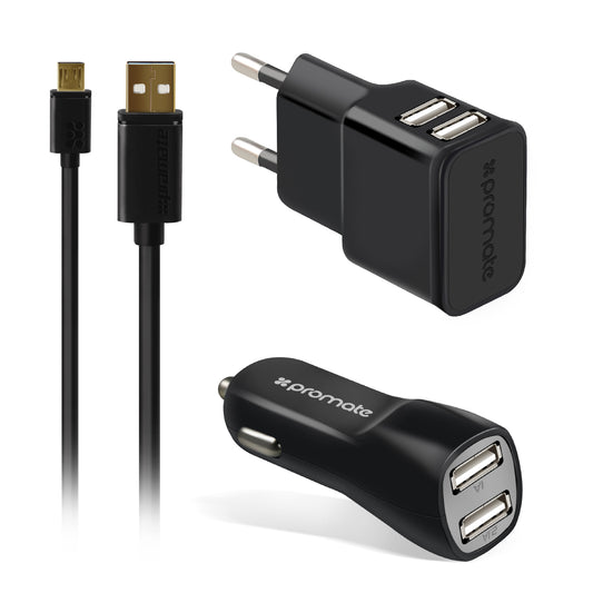 Promate Carkit - Geschikt voor Android Smartphone en Tablet - 3.1A - Autolader USB - Micro USB 1.2m - Adapter - Voor Thuis en Onderweg