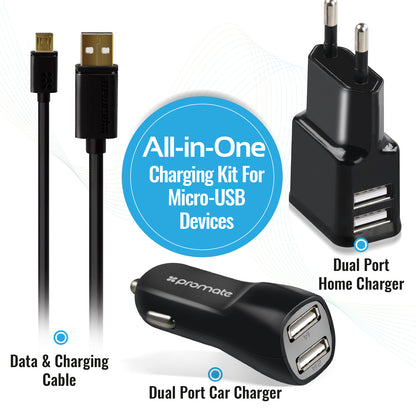 Promate Carkit - Geschikt voor Android Smartphone en Tablet - 3.1A - Autolader USB - Micro USB 1.2m - Adapter - Voor Thuis en Onderweg