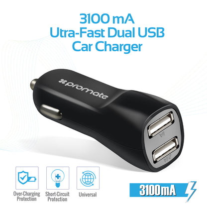 Promate Carkit - Geschikt voor Android Smartphone en Tablet - 3.1A - Autolader USB - Micro USB 1.2m - Adapter - Voor Thuis en Onderweg