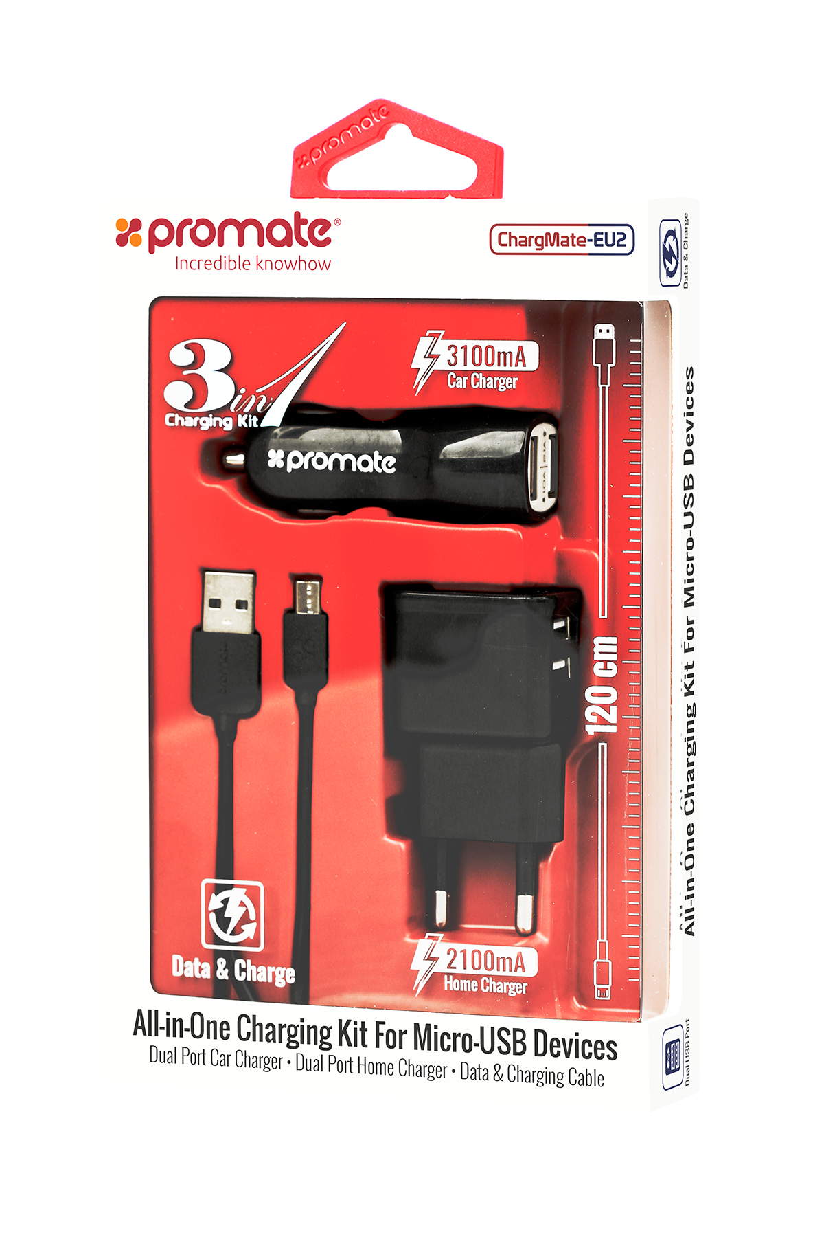 Promate Carkit - Geschikt voor Android Smartphone en Tablet - 3.1A - Autolader USB - Micro USB 1.2m - Adapter - Voor Thuis en Onderweg